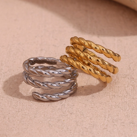 Anillo Abierto en Espiral de Acero Inoxidable de Triple Capa con Cuerda Trenzada Minimalista para Mujer Oro de 18K