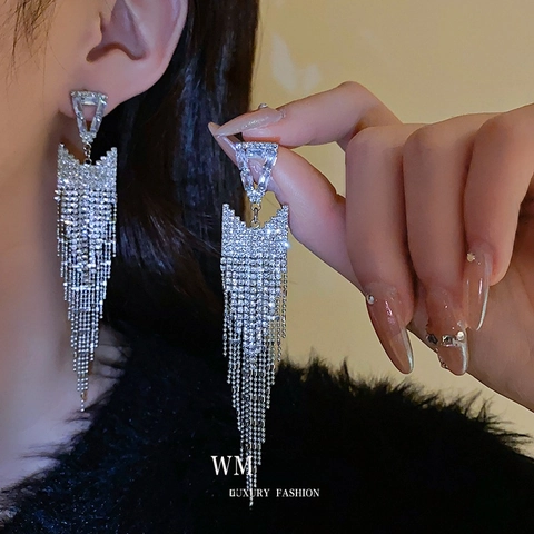 Boucles D'oreilles Longues À Pampilles Triangulaires Avec Strass Base En Cuivre Tige En Argent Bijoux De Fête Élégants