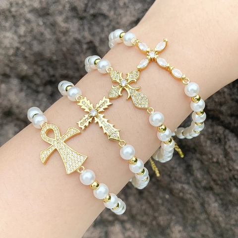 Fashion Imitation Artificial Pearl Bracelet Copper Zircon Cross Ankh Fleur De Lis Pendant Elegant Women Hand Accessory