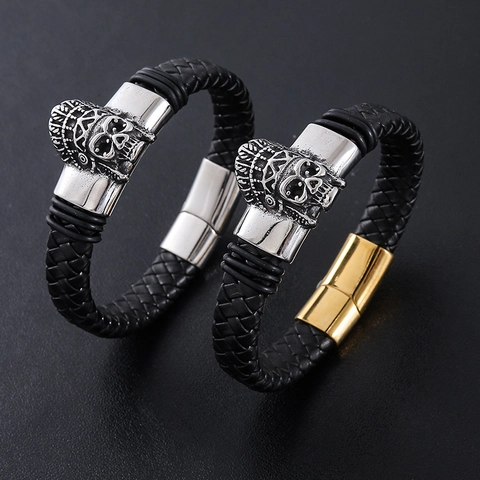 Pulsera De Cuero Trenzado Para Hombre Acero Inoxidable Calavera Jefe Indio Gótico Punk Vintage Biker Joyería Cierre Magnético