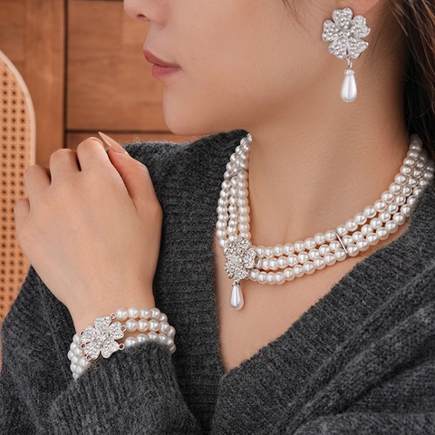 Multi Layer Imitation Artificial Pearl Necklace Bracelet Earrings Jewelry Rhinestone Flower Silver Earring Post Water Drop Women