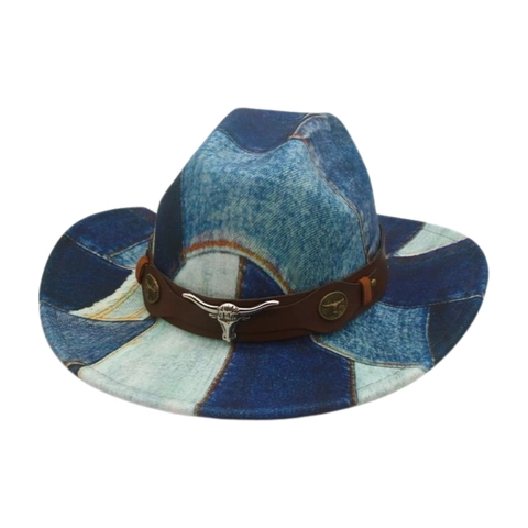 Western Cowboy Hat Patchwork Denim Print Cotton Polyester Leather Band Metal Bull Head Buckle Wide Brim Vintage Style