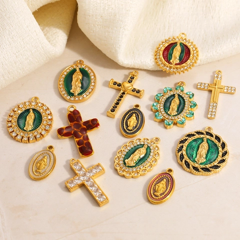 Stainless Steel Pendants Religious Virgin Mary Cross Gold Plated Rhinestone Enamel DIY Jewelry Accessories For Women