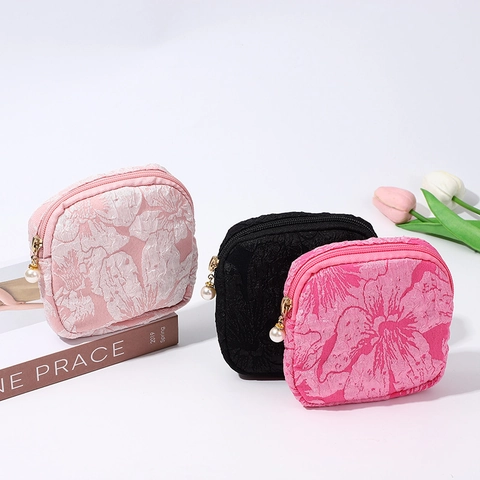 Mini Jacquard Floral Cosmetic Bag Portable Square Coin Purse Lipstick Earphone Storage Pouch With Artificial Pearl Zipper Pendant
