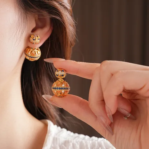 Vintage Hollow Double Sphere Ball Earrings With Multi-Color Zircon 18K Gold Plated Copper And Silver Earring Post