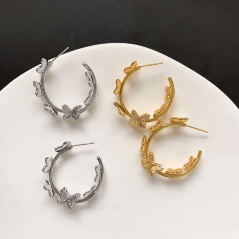 Boucles d'oreilles créoles creuses papillon cuivre plaqué or avec tige en argent sterling 925 bijoux mode minimaliste femme