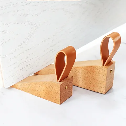 Beech Wood Door Stopper Wedge With Leather Handle Anti Slip Silicone Base Nordic Style For Bedroom Office Home