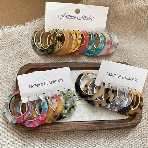 C Shape Hoop Earrings Acetate Resin Leopard Print Marble Pattern With 925 Sterling Silver Earring Post Retro For Women