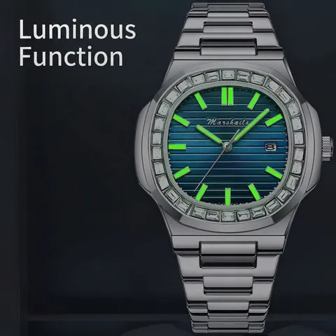 Luxury Men Business Quartz Watch Rhinestone Bezel Alloy Case Waterproof Luminous Date Square Dial Fashion Wristwatch