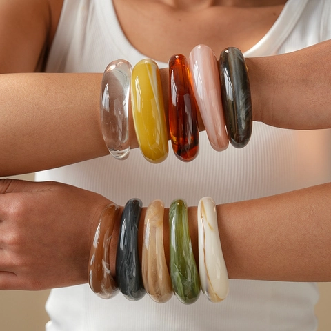Acrylic Resin Cuff Bangle Geometric Smooth Marble Tortoiseshell Texture Minimalist Chunky Bracelet For Women