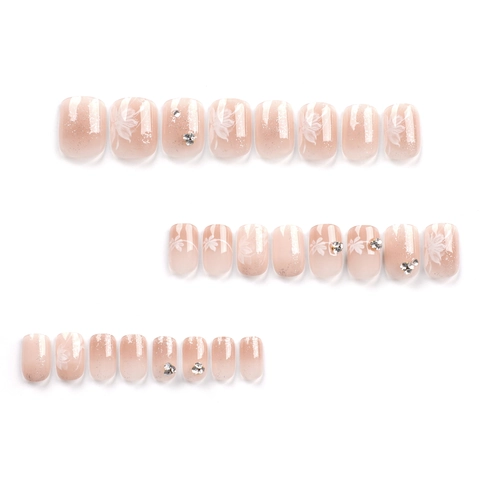 White Flower Gradient Press On Nails With Rhinestones And Glitter Square Oval Glossy False Nail Tips Elegant