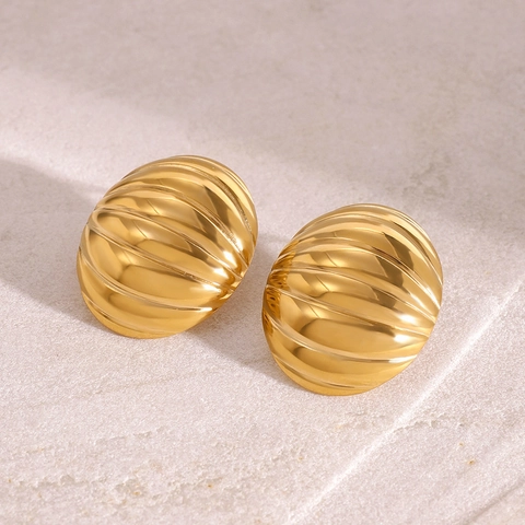 Pendientes De Botón Croissant Acero Inoxidable Textura Acanalada Diseño Ovalado Chapado En Oro Estilo Francés Joyería Para Mujer