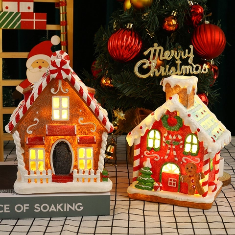 Weihnachten Lebkuchenhaus LED Leuchtend Musik Harz Ornament Desktop Feiertag Dekoration Festliche Szene