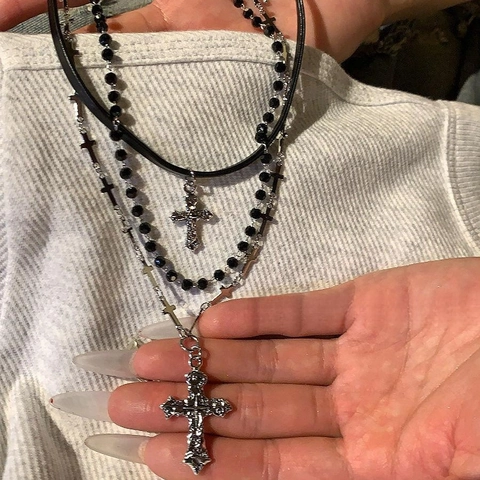 Layered Cross Pendant Necklace Alloy Leather Choker Black Bead Chain Gothic Y2K Punk Streetwear Jewelry For Women