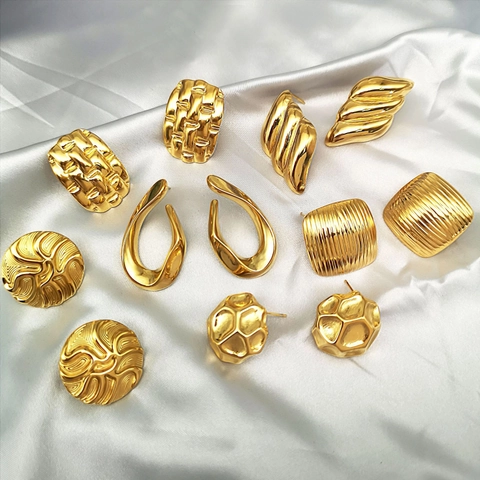Geometric Stud Earrings 18K Gold Plated Stainless Steel Ribbed Hammered Texture Trendy Minimalist Jewelry For Women