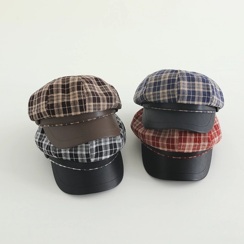 Kids Vintage Plaid Newsboy Hat Polyester Octagonal Cap With PU Leather Brim For Toddler Girls Autumn Accessory