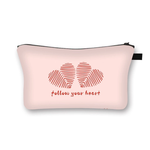 Heart Print Polyester Makeup Bag Portable Zipper Cosmetic Pouch Travel Storage Organizer For Women Valentine Day Gift Sweet Style