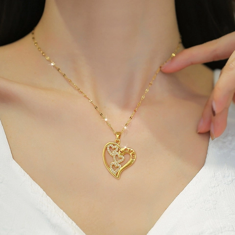 Hollow Heart Pendant Necklace Stainless Steel Chain Copper Zircon Love Lettering Gold Plated Elegant Jewelry For Women