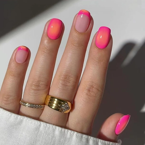 French Style Rose Red Gradient Press On Nails Glossy Resin Square Round Shape Removable False Nails For Women