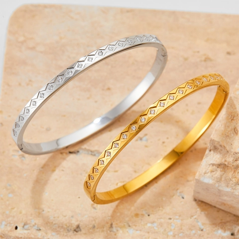 Stainless Steel Bangle Bracelet Geometric Zigzag Rhombus Design With Zircon Rhinestone Inlaid Hinge Closure Elegant