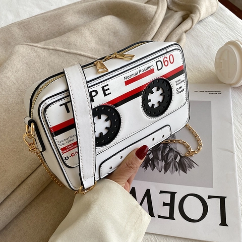 Women Retro Cassette Tape Shape Crossbody Bag Vintage PU Leather Shoulder Bag Gold Chain Strap Trendy Square Purse