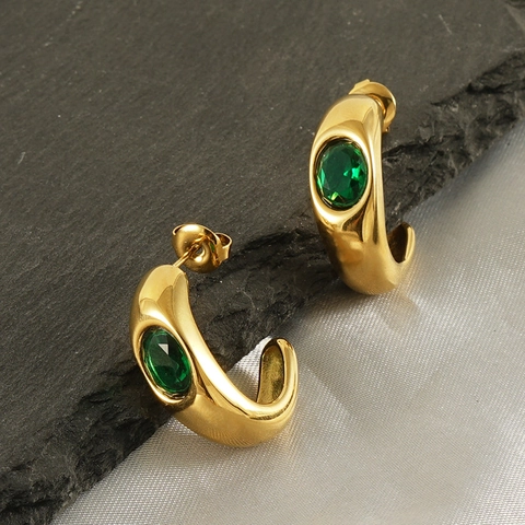 Boucles d'Oreilles Créoles en C Acier Inoxydable Plaqué Or 18K Zircon Ovale Vert Style Vintage Français Pour Femme