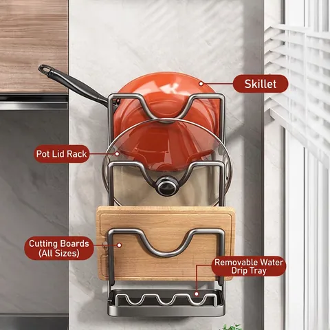 Pot Lid Holder Cutting Board Organizer Carbon Steel Wall Mounted Countertop Kitchen Storage Rack Modern Multifunctional