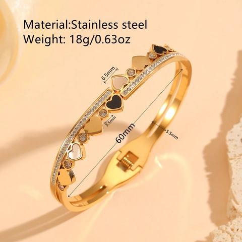 Heart Bangle Bracelet Stainless Steel Gold Plated With Zircon And Mother Of Artificial Pearl Shell Inlay Fashion Jewelry For Women