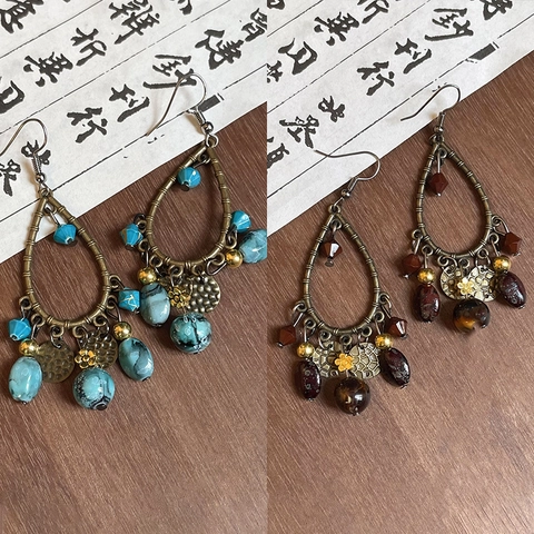 Boucles D'oreilles Pendantes Goutte D'eau Vintage En Alliage Avec Perles En Pierre Artificielle Style Bohème Ethnique