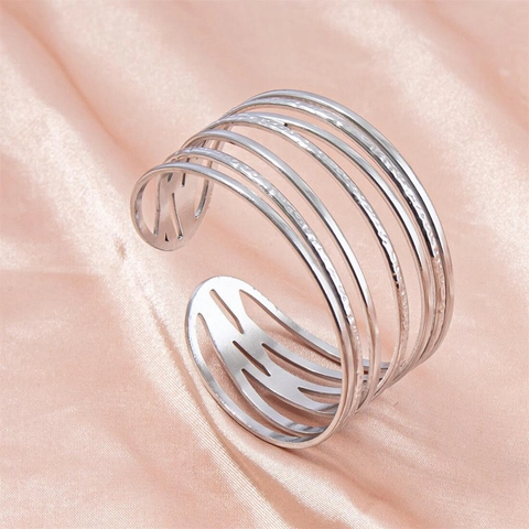 Multi Layer Cuff Armreif Edelstahl Hammerschlag Textur Hohl Breit Verstellbar Retro Boho Schmuck Damen