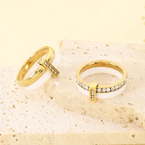 Fashion Stainless Steel Ring White Ceramic Zirconia Inlaid Gold Plated T Shape Geometric Jewelry For Women