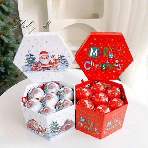 Palle Di Natale Plastica Dipinto Renna Babbo Natale Casa Di Neve Decorazione Appesa Festiva Con Scatola Regalo Esagonale