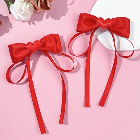 Pinzas Para El Cabello De Lazo De Cinta De Satén Con Decoración De Corazón Cintas Largas Estilo Princesa Dulce Para Mujeres