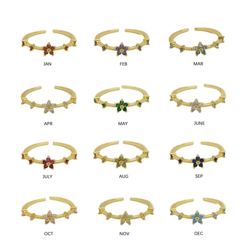 Flower Birthstone Open Adjustable Ring Copper With Colorful Zircon 18K Gold Plated Women Elegant Fashion Jewelry