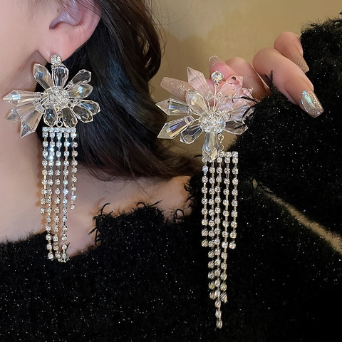 Luxe Kunstmatige Kristallen Bloem Lange Kwastje Oorbellen Met Strass En Zilveren Oorsteker Dames Bruiloft Feest Mode