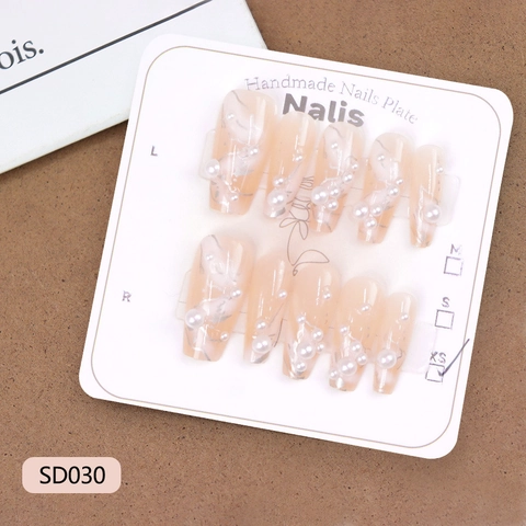Unghie Finte Fatte A Mano Long Coffin Nude Pink Texture Marmo Argento Decorazione Perla Artificial 3D Per Donna