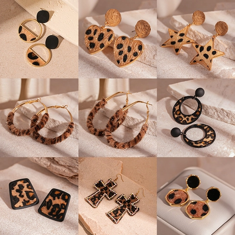 Leopard Print Flocked Earrings Alloy Geometric Heart Star Cross Rhinestone Fashion Jewelry With Silver Earring Post