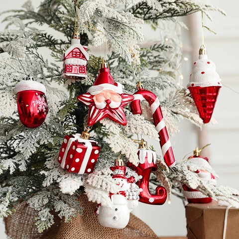 Christmas Tree Hanging Ornaments Plastic Electroplated Painted Colorful Santa Snowman Candy Cane For Holiday Decor