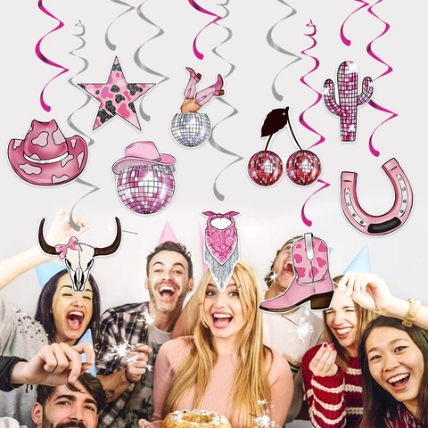 Decorazioni Per Feste Di Compleanno Cowboy Western Rosa Tema Disco Ball Spirali Sospese Cartone PVC