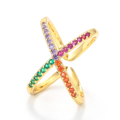 Cross X Shape Adjustable Ring Copper Micro Inlaid Colorful Zircon Geometric Hollow Fashion Jewelry Women Gift