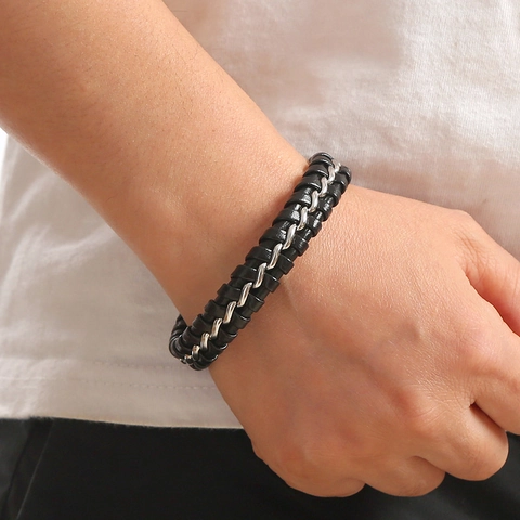 Men Woven Leather Bracelet With Stainless Steel Chain And Magnetic Clasp Vintage Industrial Style Jewelry Accessory