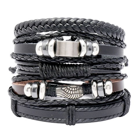 Handgemaakte Gevlochten Koeienhuid Leren Armband Multi Layer Verstelbaar Koord Retro Punk Stijl Legering Vleugel Charm Unisex