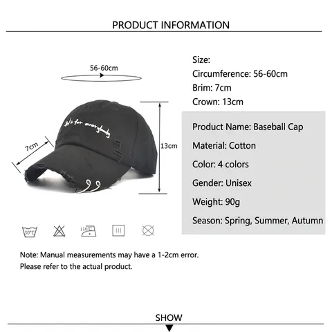 Casquette De Baseball Distressed Coton Toile Anneaux Métalliques Broderie Streetwear Unisexe Chapeau Soleil Style Vintage