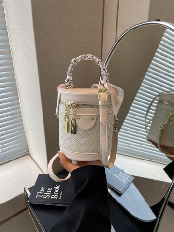 Woven Bucket Bag PU Leather Cylinder Shoulder Crossbody Bag With Satin Scarf Handle Golden Lock Elegant For Women