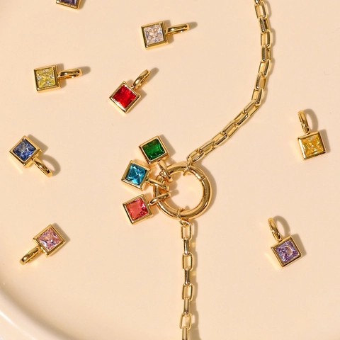 Birthstone Pendant Necklace Square Colorful Zircon 18K Gold Plated Copper Geometric Fashion Jewelry For Women