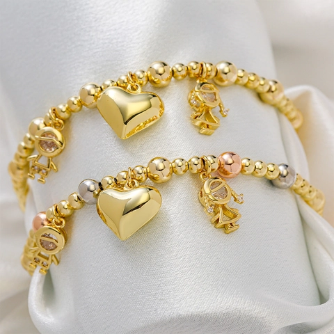 Bracciale Di Perline In Rame Con Ciondoli Cuore Ragazzo Ragazza Micro Pavé Zirconia Coulisse Regolabile Gioielli Di Famiglia