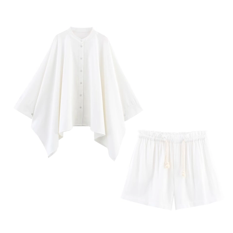Completo Donna Casual in Misto Lino con Camicia a Mantella e Pantaloncini con Coulisse Set Due Pezzi Estivo Largo