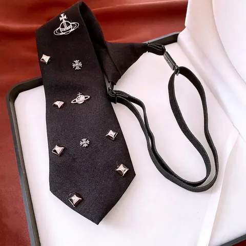 Black Cloth Tie Necklace With Metal Saturn Orb Cross Studs Adjustable Punk Style Fashion Neckwear For Women