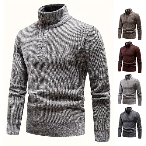 Men Half-Zip Pullover Sweater Thick Fleece Lined Stand Collar Polyester Knitted Jacket Winter Warm Casual Slim Fit