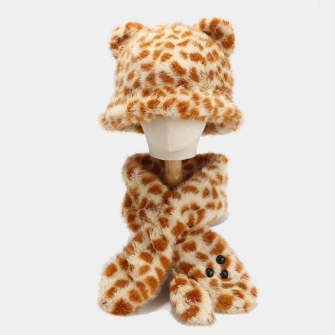 Gorro Y Bufanda De Felpa Lindas Orejas De Oso Invierno Cálido Piel Sintética Animal Leopardo Tigre Para Mujeres Niñas Outdoor